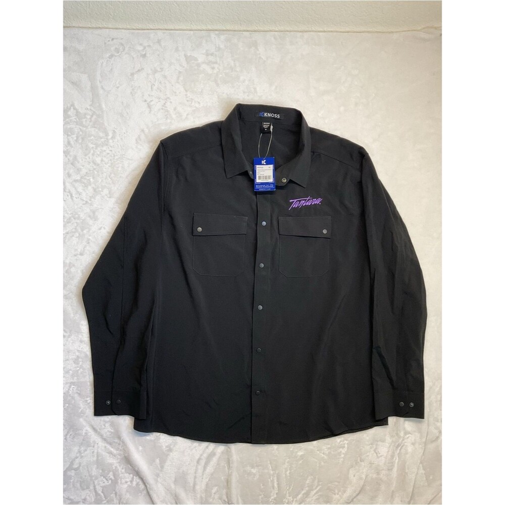 Knoss Men’s Black Lightweight Button-Front Shirt Jacket with Purple Script